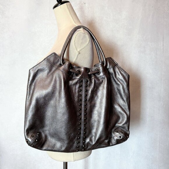 Michael Michael Kors Hobo Bag Studded Top Handle Leather Purse Silver Metallic L - Picture 4 of 14